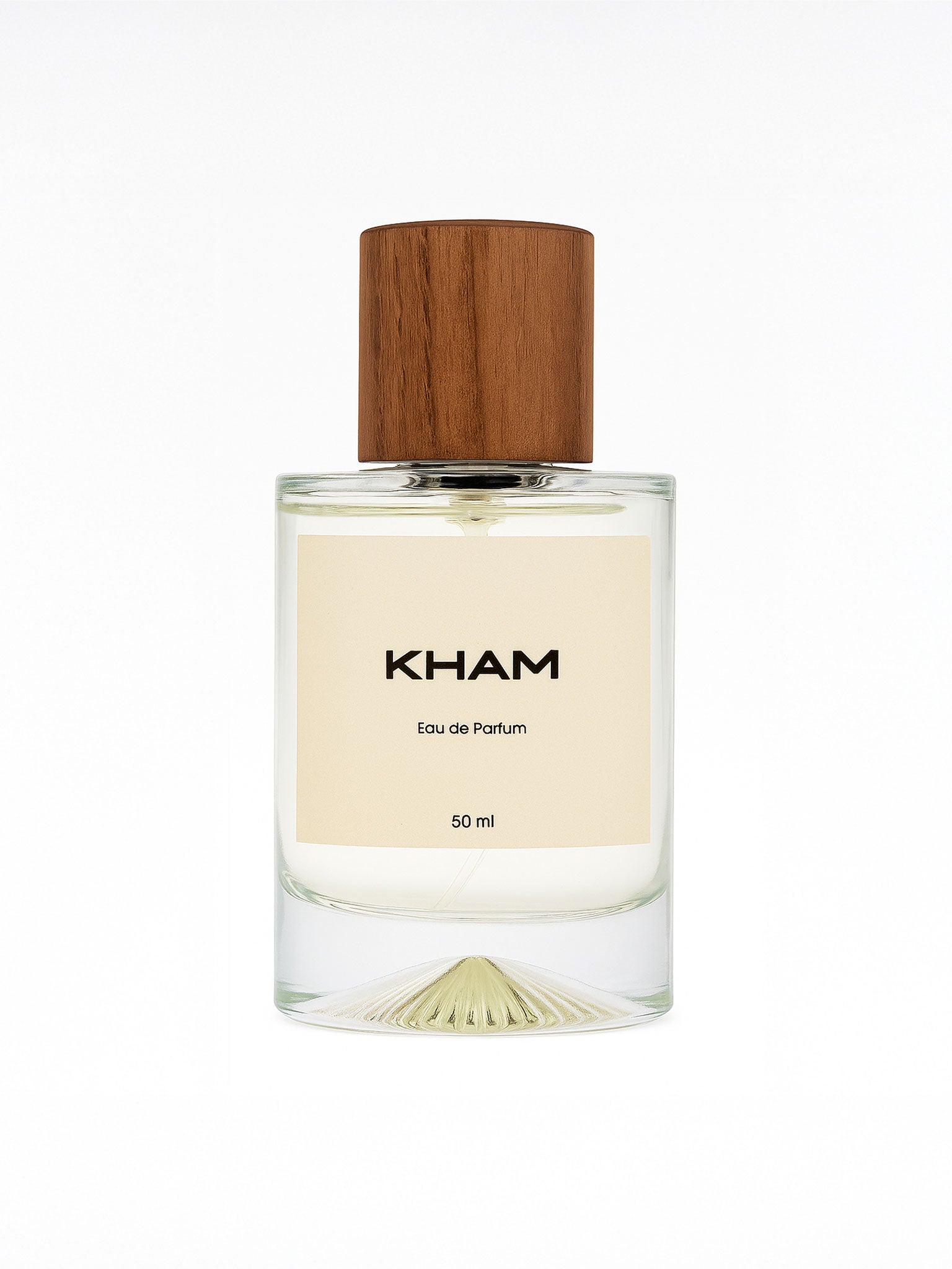 Perfume bottle labeled 'KHAM' with a wooden cap on a white background