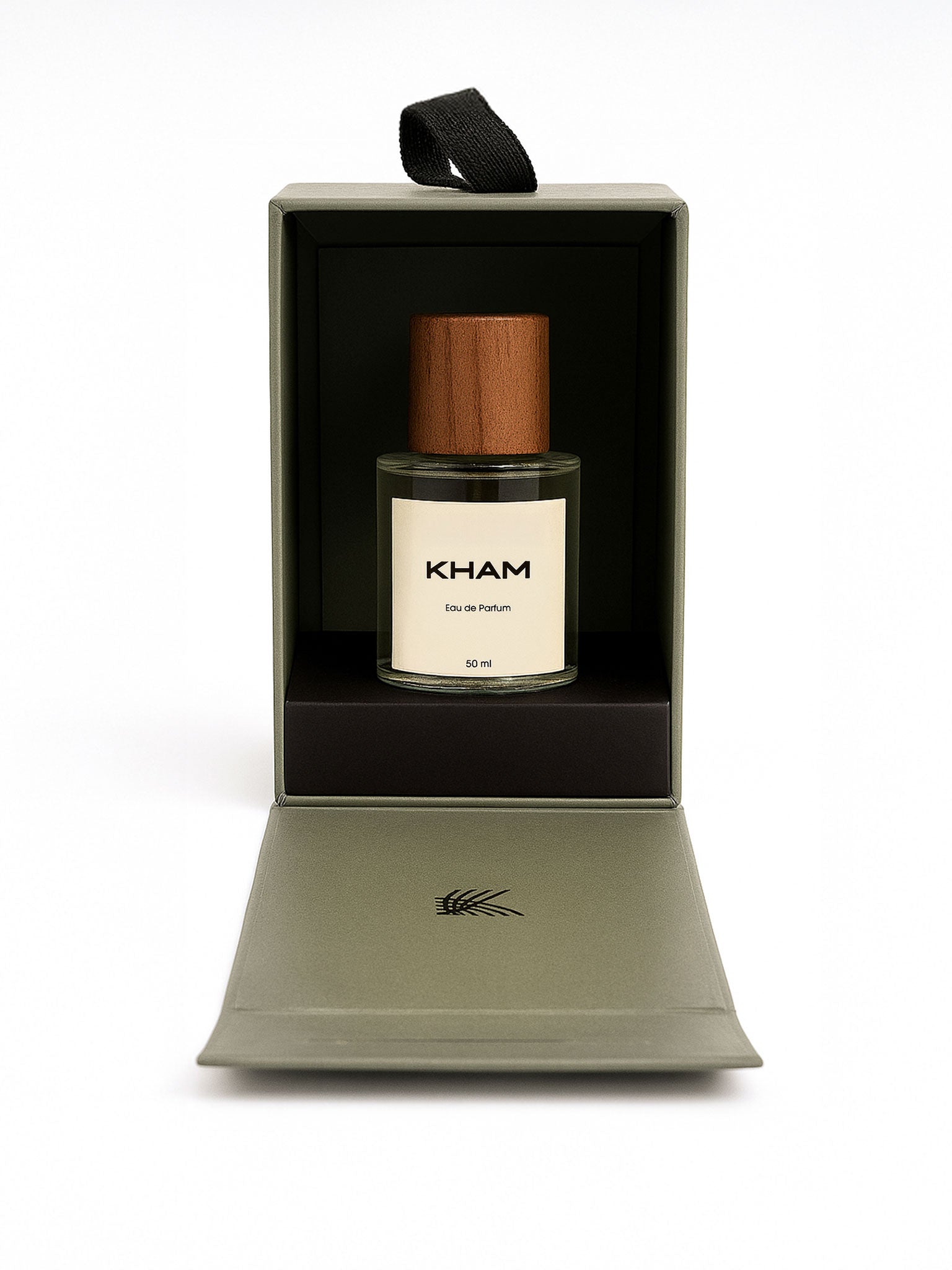 Perfume bottle with wooden cap in a black box on a white background
