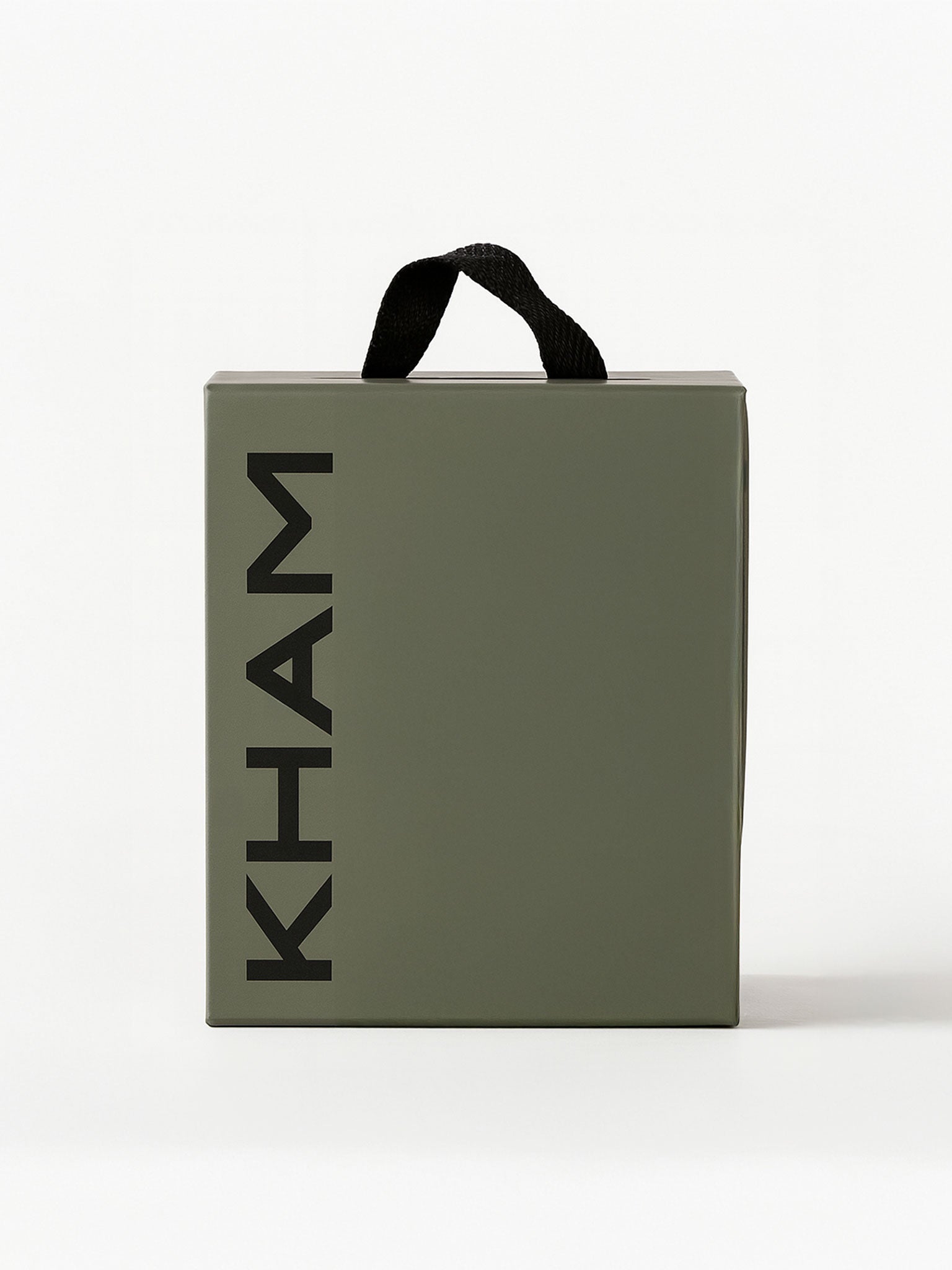 Green bag with 'KHAM' branding on a white background